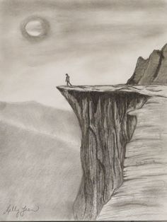 a pencil drawing of a man standing on top of a cliff looking at the moon