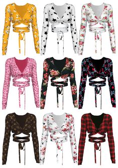 six different types of blouses with tied up tops on them, all in different colors