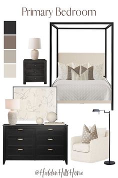 Primary Bedroom Design Board Light Bedroom With Black Furniture, Bedroom Black Canopy Bed, Bedroom Black And Neutral, Canopy Bed Master Suite, Primary Bedroom Inspiration 2023, Neutral Canopy Bedroom, Neutral Bedding With Black Headboard, Grey Bedroom Black Accents, Black Cream Bed