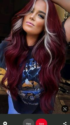 Unique Colored Hair Ideas, Red To Green Hair, Womens Hair Colour Ideas, Cute Colors For Hair, Different Colors Of Red Hair, Burgundy Hair Blonde Bangs, Cute Fun Hair Colors, Red Hair Color With Blonde Money Piece, Burgundy Hair With Blonde Front Pieces