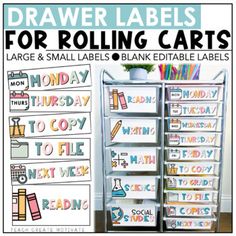 a book shelf with labels for rolling cards