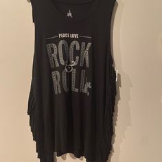 Disney Peace Rock And Roll Graphic T-Shirt With Fringes. 30” Long. Sleeveless. New With Tag. Trendy Sleeveless Tank Top For Concert, Trendy Sleeveless Top For Music Festival, Rocker Sleeveless Vest For Concerts, Casual Sleeveless Tank Top For Music Festival, Rocker Style Sleeveless Vest For Concerts, Sleeveless Rocker Vest For Concerts, Trendy Sleeveless Top For Concert, Casual Tank Top For Music Festival, Black Cotton Rocker Tops