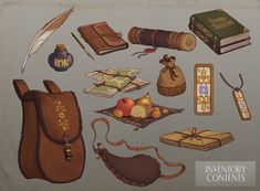 an assortment of items are shown in this image, including books and other things to include