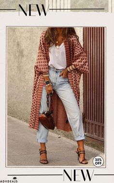 Digital Print Long Sleeve Cardigan Coat Cami And Jeans, Moda Kimono, Look Boho Chic, Kimono Outfit, Mode Kimono, Mode Hippie, Mode Jeans, Mode Boho, Modieuze Outfits