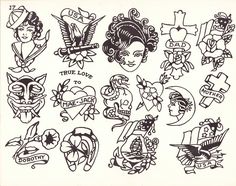 an old school tattoo sticker sheet with various tattoos on it, including girls and men's faces