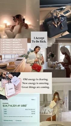 a collage of photos showing different things in the kitchen and living room, including an advertisement