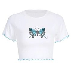 Y2k Aesthetic Outfits, Crop Top Casual, Summer Crop Tops, Cute Butterfly, Print Crop Tops, Casual T Shirt, White Crop Top, Casual Tee, Looks Vintage