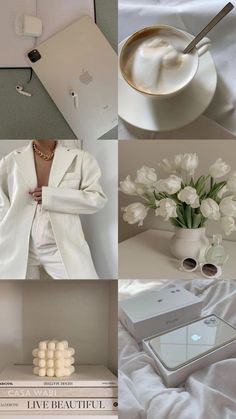 the collage shows white items and flowers