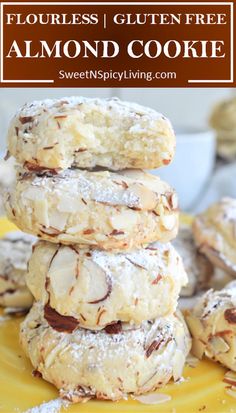 four cookies stacked on top of each other with the words, flourless gluen free almond cookie