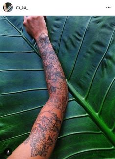 a man's arm with tattoos on it laying in front of a large green leaf