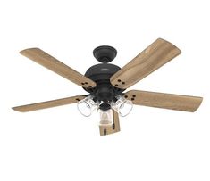 a ceiling fan with three wooden blades and two light bulbs on the top of it