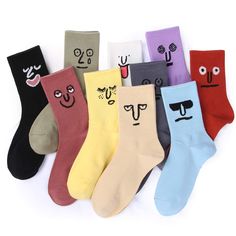 PRICES MAY VARY. No more boring socks-! Soothing color and unique adorable design drops a joy to your daily outfit. Face on your feet-! Crazy Fun - A mix of 10 different colors and designs makes these cute socks extremely fun. The various colors match any outfit on your workday or special events. Being stretchy and sweat-wicking - made of high quality cotton and spandex. You can feel the soft and gentle touch the moment you put them on. Suitable for women's shoe sizes 5-8, men's shoe size 5-7. I Cute Smiley Face, Funny Expressions, Mens Crew Socks, Crazy Socks, Funny Socks, Cute Socks, Long Socks, Tube Socks, Colorful Socks