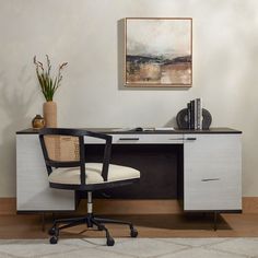 an office desk with a chair and potted plant in the corner next to it