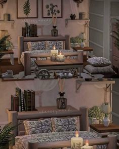 two pictures of a living room with couches and candles