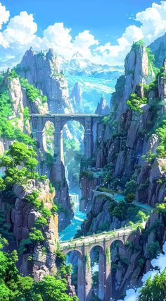 an anime landscape with mountains, bridges and trees