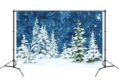 snow covered trees in front of a blue background