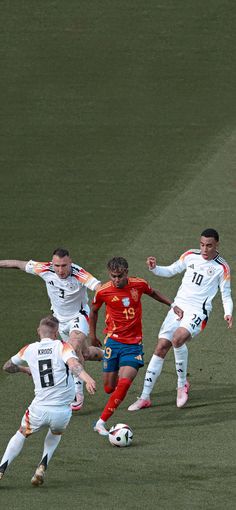 the soccer players are trying to control the ball as they play against each other on the field