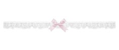 a white lace garter with a pink bow on the front and side, along with a light pink ribbon