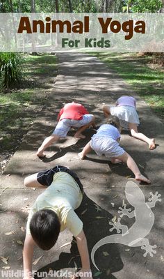 three children doing yoga in the woods with text overlay that reads animal yoga for kids