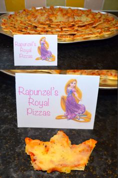 there are two pizzas on the table and one is for rapunzel's royal pizza