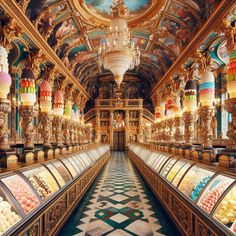 an ornately decorated store with lots of different types of sweets in the display cases