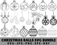 christmas balls svg bundle is shown in black and white, with ornaments hanging from them