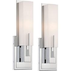 Add a comforting contemporary look to your bath, vanity area or hallway with this set of two white glass and chrome wall sconces from the Possini Euro Design Midtown collection. Attractive and versatile transitional style sconce features a vertically-oriented, rectangular white glass shade above a rectangular wall plate in sleek chrome finish. The design is even ADA compliant to ensure a perfect fit for any indoor space. Contemporary Sconces, Led Bathroom Lights, Crystal Wall Sconces, Vanity Area, Bathroom Sconces, Modern Wall Sconces, Modern Wall Lights, Bath Vanity, Light Sconces