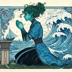 an illustration of a woman kneeling in front of the ocean