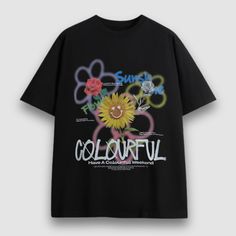 Material: 100% Cotton.Features: Tee, crew neck, short sleeve, graffiti sunflower pattern printed, color contrast, unisex, relaxed fit, oversized, couple outfits.Style: Casual, college, streetwear