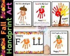 four handprint cards with the words happy fall written in orange, green and red