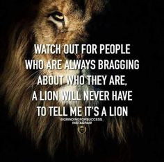 a lion with the quote watch out for people who are always bragging about who they are