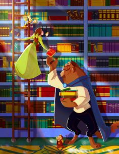 the beauty and the beast character is in front of bookshelves holding a bag