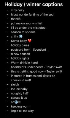 the holiday / winter captions list is shown in black and features red hearts on it