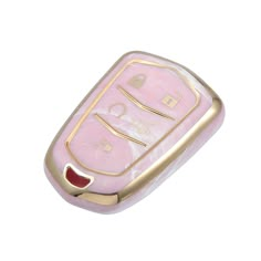 a pink cell phone with gold trim on it