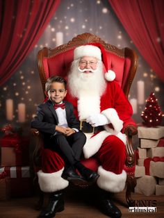 a little boy sitting in a chair next to santa clause