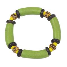 a green bracelet with black and yellow beads