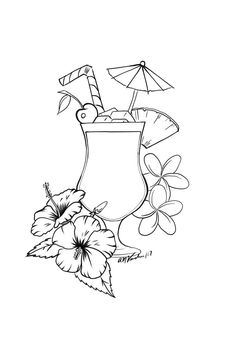 a drawing of a vase with flowers and umbrellas on the beach coloring book page