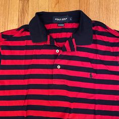 Ralph Lauren Polo Golf Striped Collared Ls Shirt Size Large Never Worn - In Excellent Condition 100% Prima Cotton Red & Navy Striped Symbol Of The Rockaway Hunting Club On The Sleeve Red Long Sleeve Polo Shirt For Summer, Hunting Club, Polo Golf, Ralph Lauren Polo, Ralph Lauren Shirt, Navy Stripes, Shirt Color, Men's Clothing, Polo Ralph