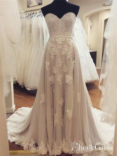 A-line Strapless Sweetheart Neck Lace Appliqued Prom Dresses SWD0014-SheerGirl How To Dress For A Wedding, Train Wedding, Wedding Brides, Cheap Wedding Dresses Online, Dresses Princess, Wedding Dresses 2018, Satin Tulle, Cheap Wedding Dresses, Beaded Wedding