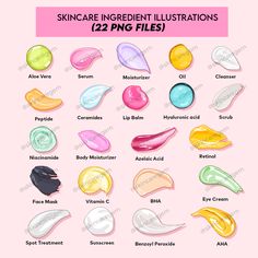 SKINCARE INGREDIENT Bundle Comes with TRANSPARENT BACKGROUND which can be used to make your own Instagram post/charts and for marketing purpose. You are not allowed to resell any of my graphics Make Your Own Skincare, Skincare Graphics, Skincare Illustration, Aloe Vera Serum, Make Up Brand, Pen Illustration, Azelaic Acid, Benzoyl Peroxide, Oil Cleanser