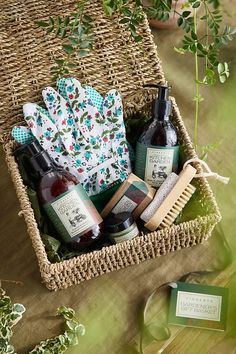 a basket filled with personal care items on top of a table