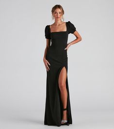 Denali Formal Puff Sleeve Long Dress | Windsor Formal Sleeve Dresses, Long Formal Dresses Long Sleeve, Formal Dresses With Sleeves Long, Formal Dresses Long With Sleeves Maxi, 20s Bridesmaid Dresses, Fall Wedding Guest Dress Edgy, Formal Puff Sleeve Dress, Modest Homecoming Dresses Long Sleeve, Black Square Neck Dress Long