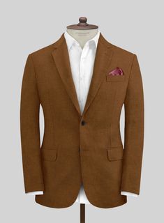 Achieve a masterclass in sartorial consistency by opting for our Italian Prato Rust Linen Jacket. Further, the jacket is crafted from a pure linen fabric that portrays a sturdy, sleek nature and airy feeling while pairing a solid finish over a rust tone. Nevertheless, the cloth is admiringly breathable, a reliable option for summer events on the horizon. Later, Seal the sartorial grandeur with a precisely tailored jacket that holds the suave standards with a signature fit that looks just as shar Bespoke Jacket, Grey Wool Suit, Light Blue Jacket, Tweed Sport Coat, Dark Blue Suit, Tailored Suit, Designer Suits For Men, Beautiful Suit, The Cloth