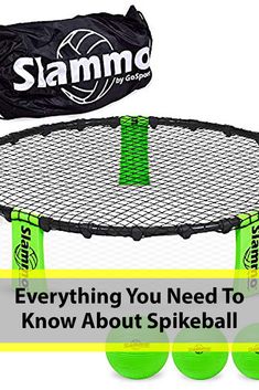 three green balls sitting on top of a trampoline with the words, everything you need to know about spikeball