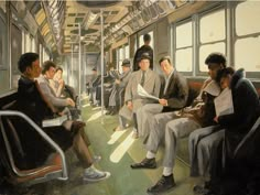 an oil painting of people sitting on a subway car, all dressed in suits and hats