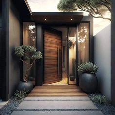 an entry way with two large black vases next to it and a tree in the background