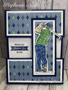 a handmade card with a man playing golf on the field and texting you're the greatest guy by fab