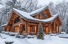 a log cabin in the snow surrounded by trees