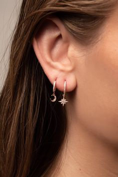 These magnificent Moon Star Earrings are perfect for everyday wear. The beauty of the gold star moon dangle earrings makes them a great choice for your everyday collection. These trendy, dainty, tiny, minimalist earrings can be decorated and worn to the earlobe. It's ideal as a gift for your loved ones!  * DETAILS *   Sold by Pair  ✿ Made with thick 18k gold plated on sterling silver that gives our pieces its beautiful, subtle hue. ✿ Nickel Free & Lightweight, perfect for everyday wear ✿ All silver jewelry comes standard with thick Rhodium Plating on sterling silver. This reduces tarnishing by up to 10 times compared to non-plated sterling silver. https://www.etsy.com/ca/shop/SaltaireFineJewelry * Shipping *  All orders will be shipped out within 1 - 2 business days after the order has bee Star Minimalist, Earlobe Piercings, Stocking Stuffers For Mom, Star Earring, Womens Leather Belt, Celestial Earrings, Front Back Earrings, Moon And Star Earrings, Tiny Hoop Earrings