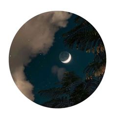 the moon is shining brightly in the night sky with clouds and palm trees around it